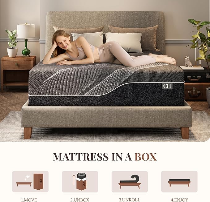 CH CHARME HOUSE 14 Inch Queen Mattress, Bamboo-Charcoal Memory Foam Mattress, Cooling & Pressure Relief, Bed in a Box, Foam Made in USA & CertiPUR-US Certified, 60'x80'x14', Black