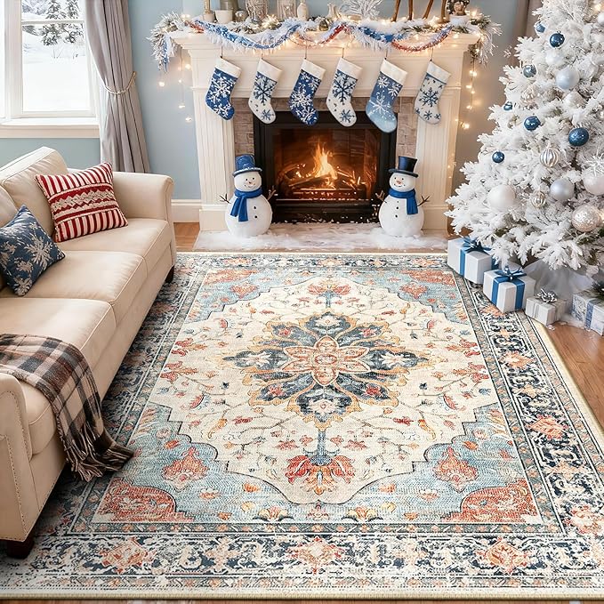 Area Rugs 9'x12' Washable Non-Slip, Floral Vintage Distress Print Pattern Medallion Carpet for Living Room Bedroom Dining Room, Beige Navy Blue Orange Colorful