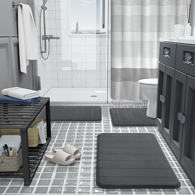 Yimobra Memory Foam Bath Mat, Super Soft Absorbent Bathroom Rug Non Slip, Quick Dry, Machine Washable Floor Carpet for Tub Shower, Home Decor Accessories, 24x17, Dark Gray