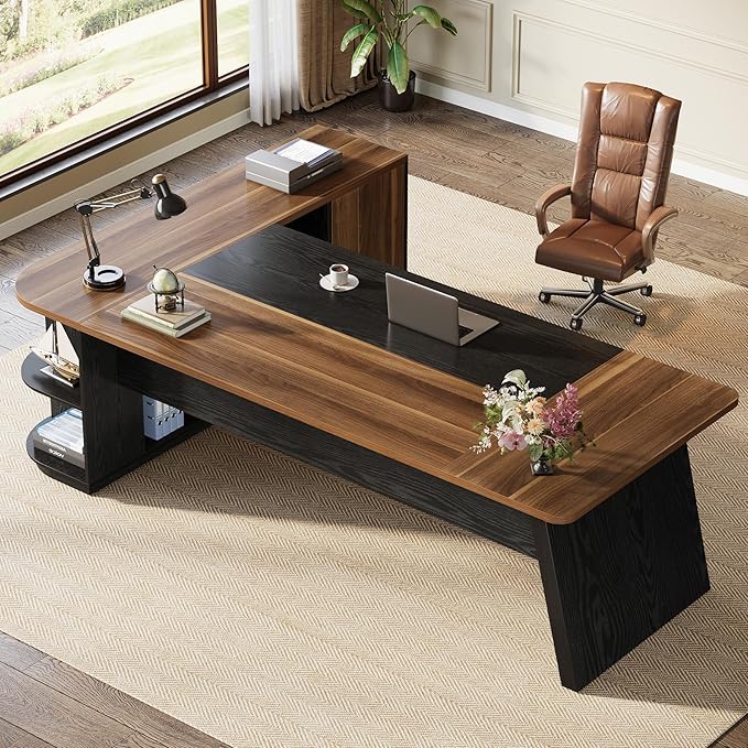 Tribesigns 79-Inch Executive Desk, Large Office Desk with Cabinet, L-Shaped Compter Desk with Storage Shelves, Writing Table for Home Office, Brown and Black