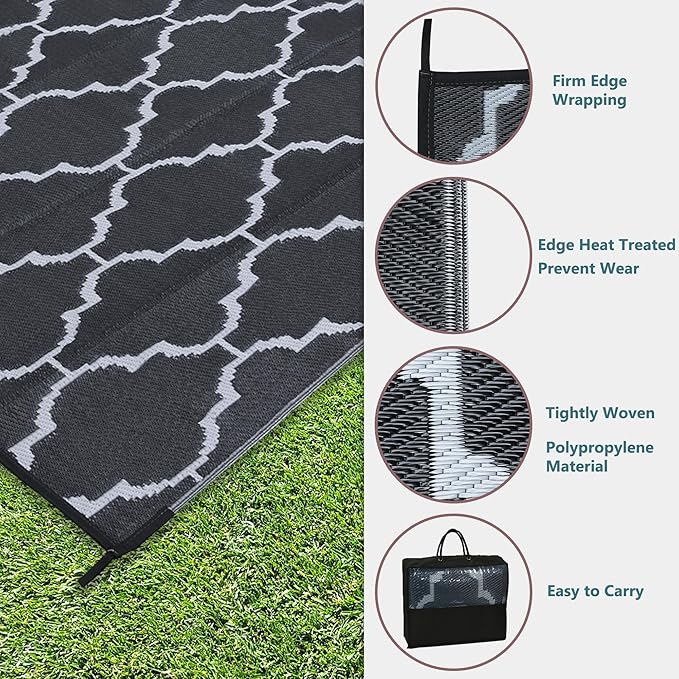 Ogrmar 8x10 FT Reversible Mats, Outdoor Rug for Patio Clearance, Waterproof Carpet, Plastic Straw Rug for Indoor Outdoor, Floor Mat&Rug for RV Porch Camping Backyard Deck Balcony Beach Trailer (Black)