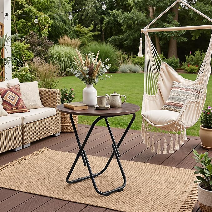 VECELO Patio Outdoor Side Table Set of 2,17.7 inch Small Folding Table Round Waterproof Wood Table,Foldable Anti-Rust Metal Legs Snack Desk for Garden Balcony,Yard,Living Room