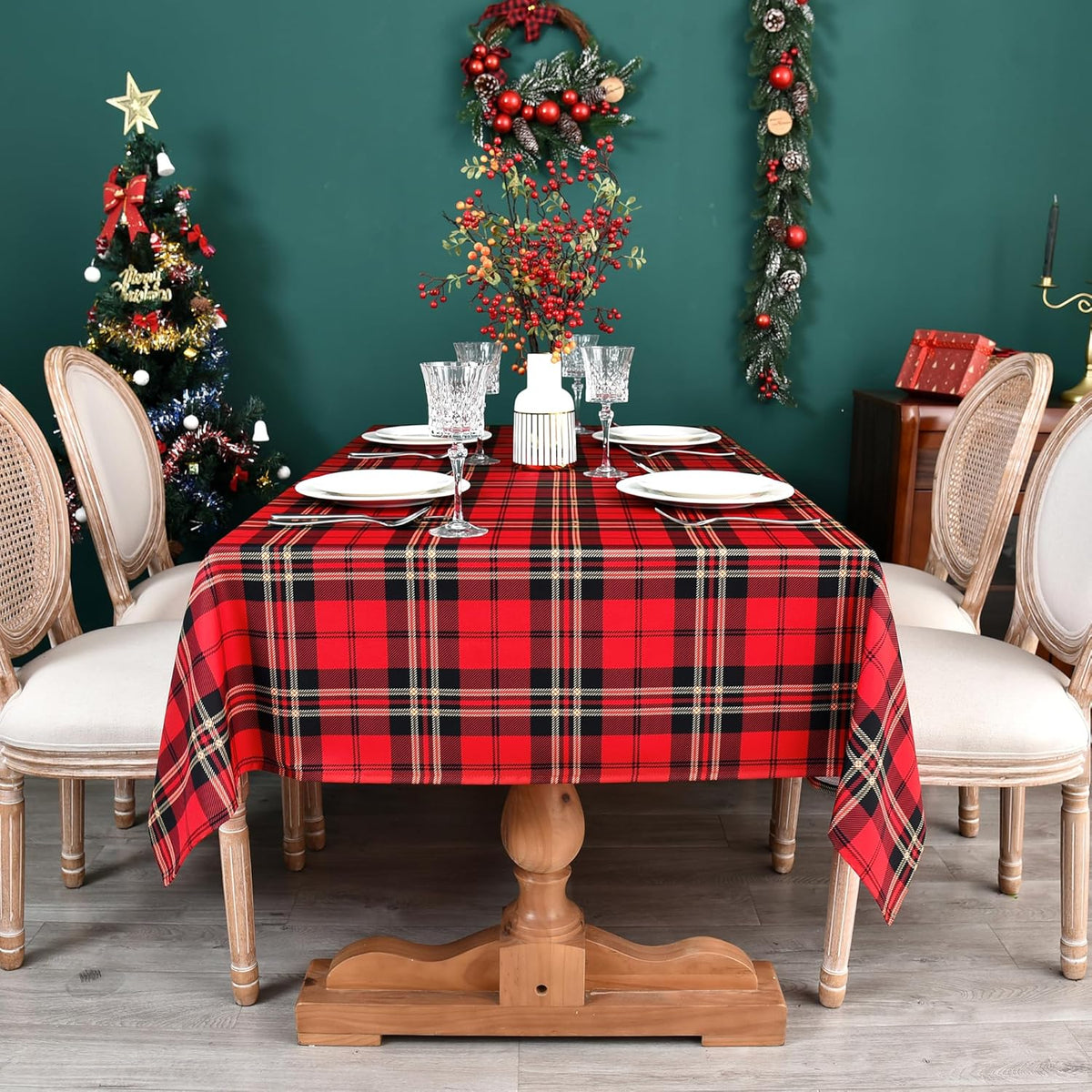 Gingham Xmas Tartan Tablecloth Fabric - Oblong 58x120 Water Resistant Christmas Plaid Table Cloth for Indoor/Outdoor Use - Red Tabletop Cover Perfect for Birthday, Picnics, Gardens
