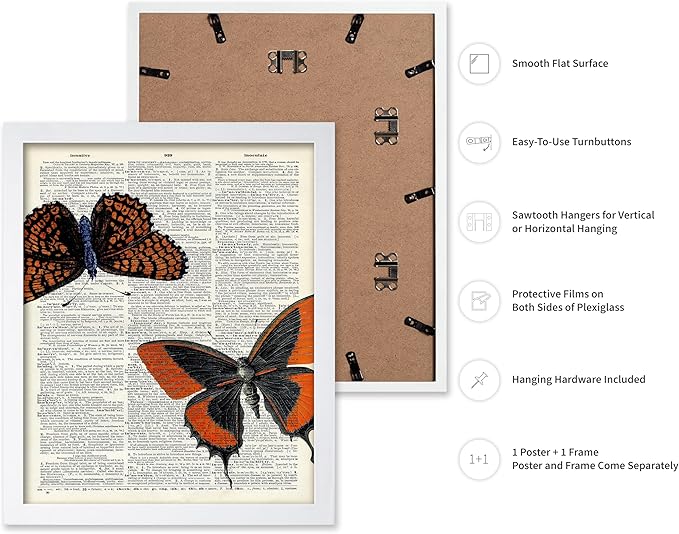 Poster Master Dictionary Art Poster - Butterflies Print - Moth Art - Butterfly Art - Insect Art - Gift for Men, Women & Animal Lover - Chic Decor for Living Room or Bedroom, 8x10 White Framed