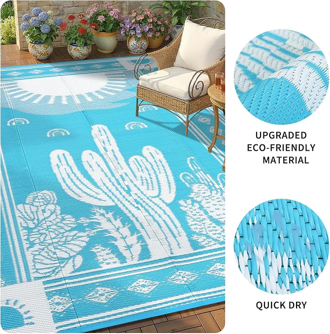 Garvee Reversible Teal Blue Outdoor Rug 8x10 for Patio, Waterproof Outdoor Area Rug, Modern Desert Botanical Indoor Outdoor Rugs, Plastic Straw Rug for RV, Camping, Deck, Cactus