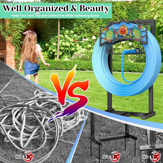 Garden Water Hose Holder with 5 Spikes, Upgraded Freestanding Heavy Duty Hose Hanger Holds 150-feet Hose, Sturdy Hose Stand Storage Rack for Outside Yard Lawn (Black - Turtle)