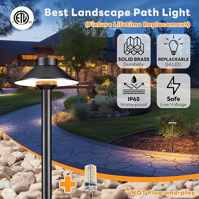 Brass Landscape Path Lights - 12V Low Voltage Pathway Light IP65 Waterproof, LED Outdoor Walkway Lighting Wired, Black for Patio Lawn with 3W 2700K Warm White G4 Replaceable Bulb (10 Pack)