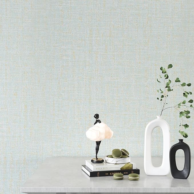 VEELIKE Blue Gold Grasscloth Peel and Stick Wallpaper 15.7''x118''