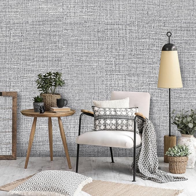 Grey Grasscloth Peel and Stick Wallpaper 17.3"x300" Faux Linen Textured Contact
