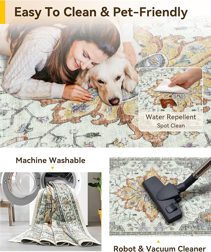 Area Rugs 2'x3' Washable Non-Slip, Floral Vintage Distress Print Pattern Medallion Carpet for Living Room Bedroom Dining Room, Light Yellow Carbon Grey Orange
