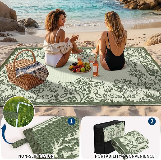 Garvee 5’x8’ Waterproof Patio Outdoor Rug, Outdoor Plastic Straw Rug for Camping, RV Mat Outside, Indoor Outdoor Carpet for Porch, Deck, Backyard, Balcony, Picnic, Ssage Green & White