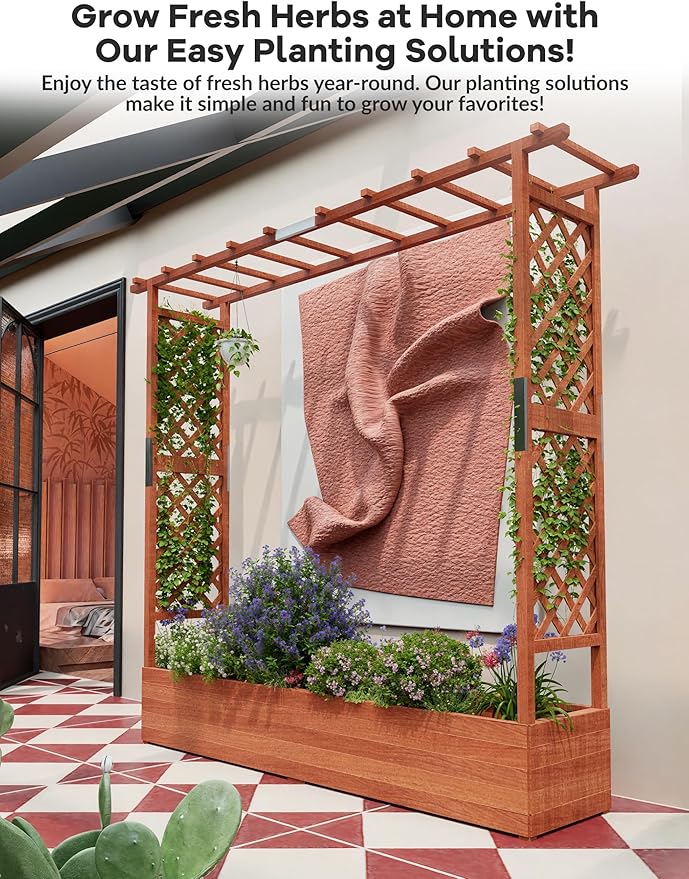 GarveeLife Raised Garden Bed with Trellis, 72 in Wood Planter Box with Side Trellis, Hanging Roof, and 4 Drainage Holes, Freestanding Elevated Garden Bed for Climbing Plants, Vines, Flowers