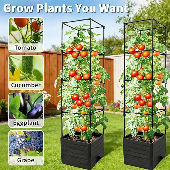 Tomato Planter with Trellis, 57 Inch Self-Watering Planter Box 2-Pack, Grey Planter with Metal Support for Outdoor Indoor Climbing Plants