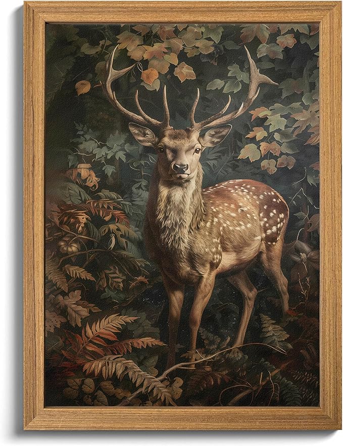 Framed 3D Textured Vintage Wall Art - Dark Academia Decor Sika Deer Hand Drawn Sandstone Paintings with Botanical Florals, Aesthetic Wall Decor for Living Room Bedroom Home 24x36 inch