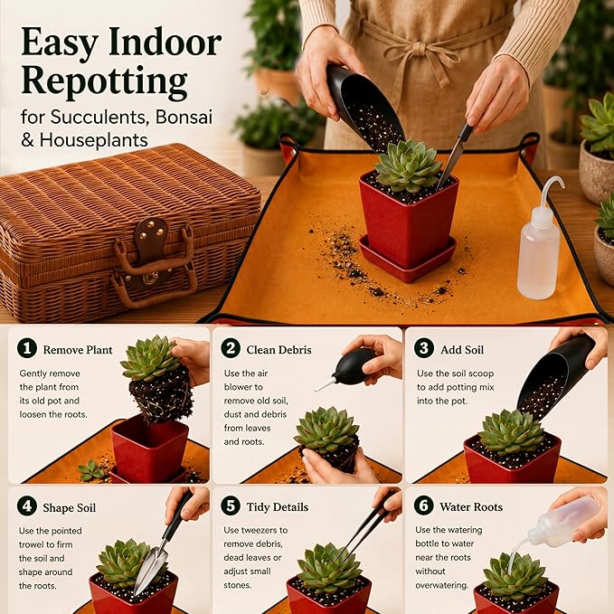 Bonsai & Indoor Plant Tool Set for Beginners, Plant Repotting Kit with Gardening Tools, Repotting Mat, Wicker Basket, Mini Pots & Indoor Gardening Gift for Women & Men