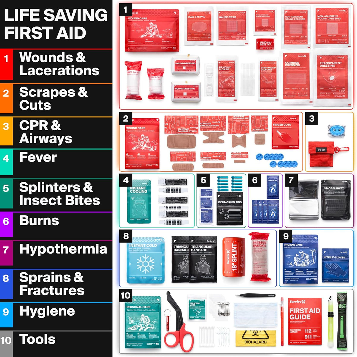 SurviveX Large First Aid Kit - Essential Emergency Supplies for Car, Travel, Hiking & Camping