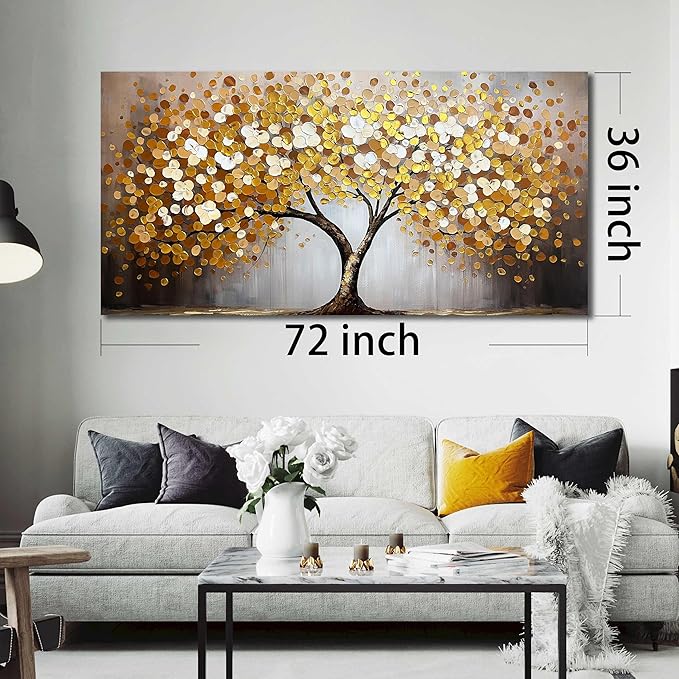 WDHCG Gold and White Tree Painting Wall Art For Living Room - Tree Of Life Wall Decor For Office - Extra Large Wall Art For bedroom Size 36 x 72 Inch