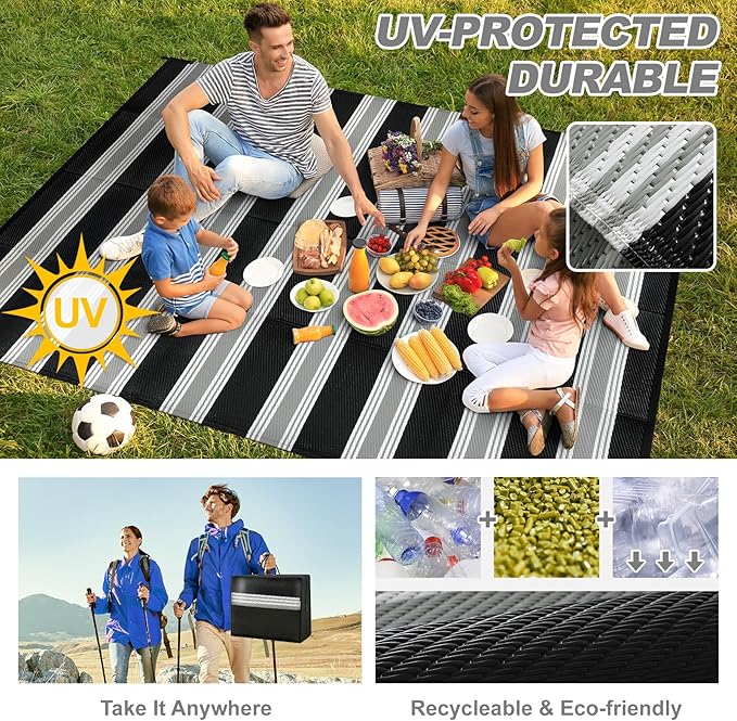 Lahome Striped Outdoor Rug Waterproof, 6x9 Reversible Outdoor Plastic Straw Rug for Camping, RV Patio Rugs Large Carpet for Porch Deck Backyard Balcony Picnic(Black/Grey,6'x 9')