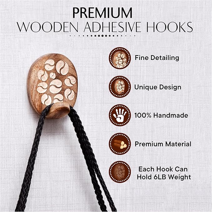 Indian Shelf 6 Lb- 3 Pieces Decorative Wood Adhesive Wall Hooks–Boho Peel and