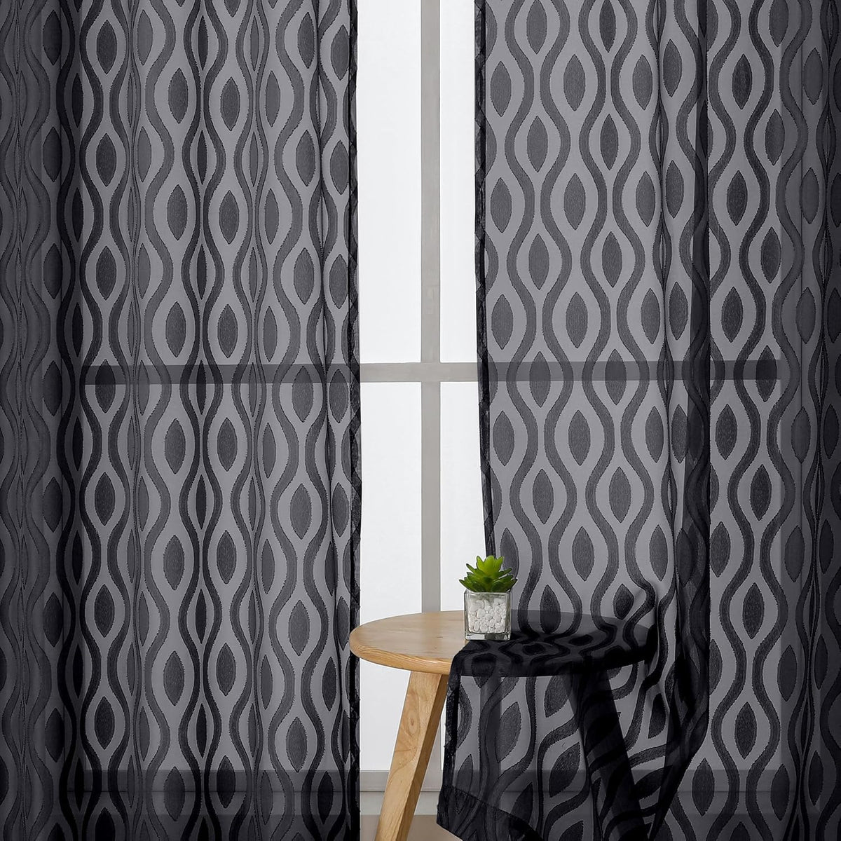 Aiyufeng Sheer Curtains 54 Inch Length 2 Panels, Soft Lightweight Clip Jacquard Textured Black Curtains for Bedroom Living Room, Modern Wavy Line Solid Voile Sheer Drapes, 40" Wx54 L Inches