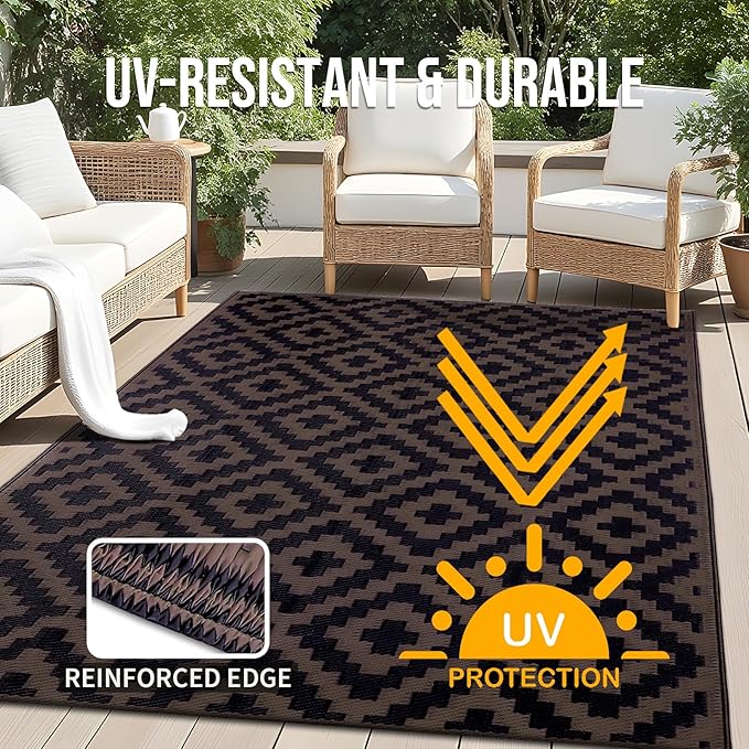 OLANLY Waterproof Outdoor Rug 4x6 ft, Outdoor Plastic Straw Rug for Camping, RV Mat Outside, Outdoor Carpet for Porch, Deck, Backyard, Balcony, Picnic, Black & Brown