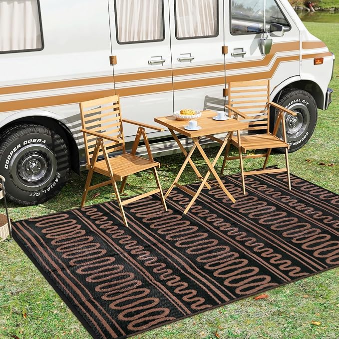 Beeiva Outdoor Area Rug, 6x9 Large Outdoor Rug Waterproof, Reversible Plastic Indoor Outdoor Rug for Deck, Balcony, Backyard, Porch, Camping, Picnic - Black/Brown