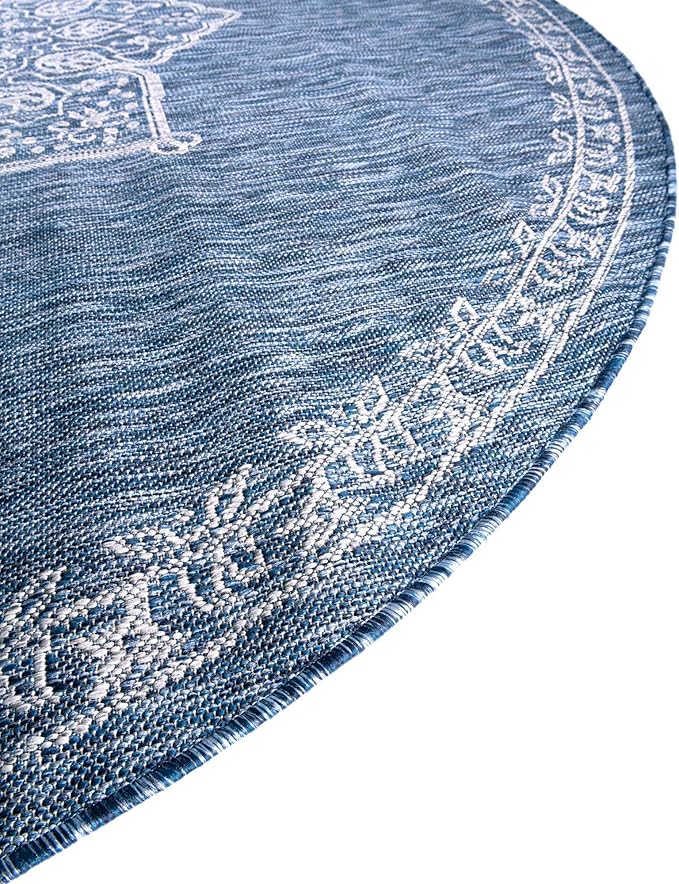 Unique Loom Outdoor Traditional Collection Area Rug - Antique (7' 10" Round Blue/Ivory)
