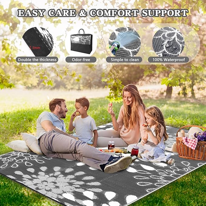 Wallona Outdoor Rugs 9x12 ft Patio Waterproof Clearance Indoor Outdoor Large Carpet for Patio Plastic Straw Reversible Area Rugs Mat for RV, Camping, Balcony, Beach, Picnic, Porch, Flower Grey & White