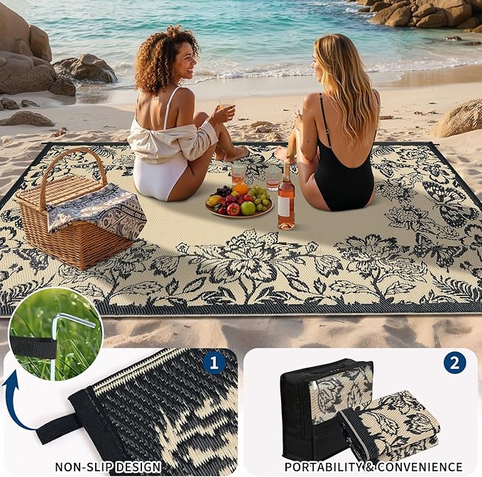 Garvee Outdoor Rugs 9’x12’ Waterproof Reversible Mats, Large Area Plastic Straw Rug, Outside Carpet, Butterfly Floral Rv Mat for Patio Camping Picnic Backyard Deck Balcony Porch Beach Trailer