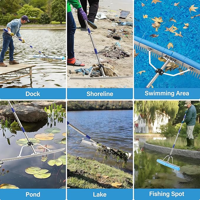 Aluminum Landscape & Lake Rake, 31'' Wide Heavy Duty Rake for Gravel Driveway Leveling, Aquatic Weed, Algae, Muck, Leaf & Seaweed Removal, Long Handle for Outdoor Beach, Garden & Lawn Yard Cleaning