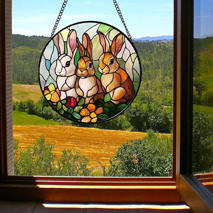 Stained Glass Window Hanging - 3 Cute Rabbits Suncatcher for Doors Garden Patio Bunny Sun Catchers Decor Christmas Mother's Day Birthday Teenager Gifts for Women Men Mom Nana Friend 9.8 in