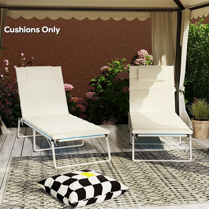 Outsunny Outdoor Lounge Chair Cushion Set of 2, 80" x 26" UPF50+ 230gsm Olefin and 25D High-Density Foam, Foldable Patio Chaise Lounge Cushion Set, Fade Resistant for Lawn Pool, Cream White