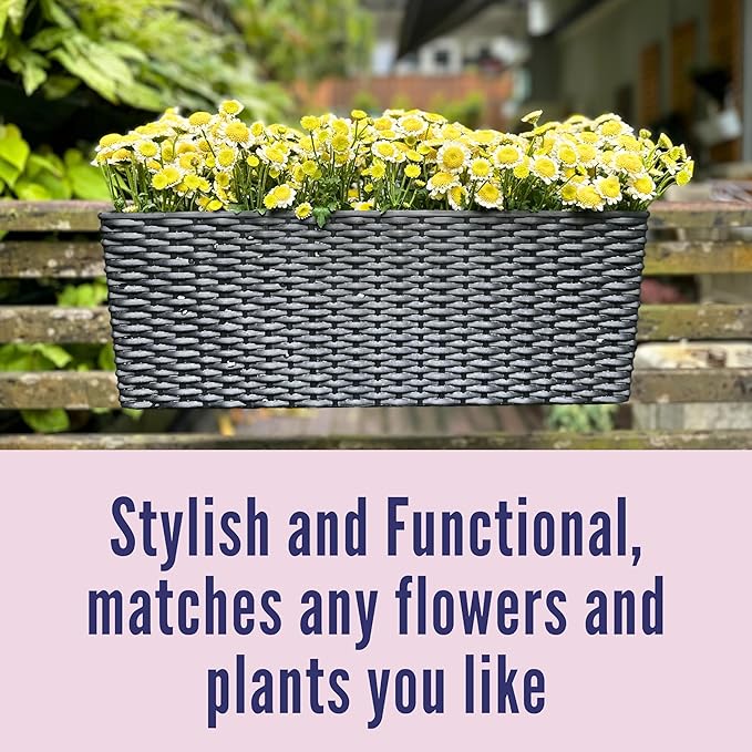 LaLaGreen Outdoor Rail Planter for Balcony (20 Inch, 2 Pack) Large Black Self Watering Deck Railings Planters with Brackets, Rectangular Plastic Fence Flower Box Designer Choice with Rattan Pattern