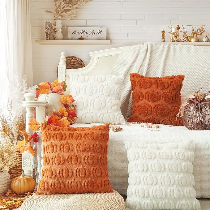 GEEORY Fall Pumpkins Soft Plush Pillow Covers, 16 x 16 Inch Set of 2, Fluffy Faux Fur Wool Decorative Farmhouse Cushion Case for Sofa Home Decoration Beige Pumpkin GC020-16