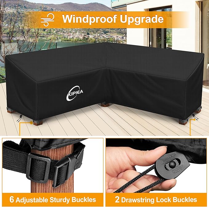 Kipiea Patio V-Shaped Sectional Sofa Cover, 420D Heavy-Duty Oxford Fabric Outdoor Sectional Cover with 6 Windproof Buckles, Anti UV and No Tears, No Fading (70"/70" L x 33.5" D x 31" H) Black
