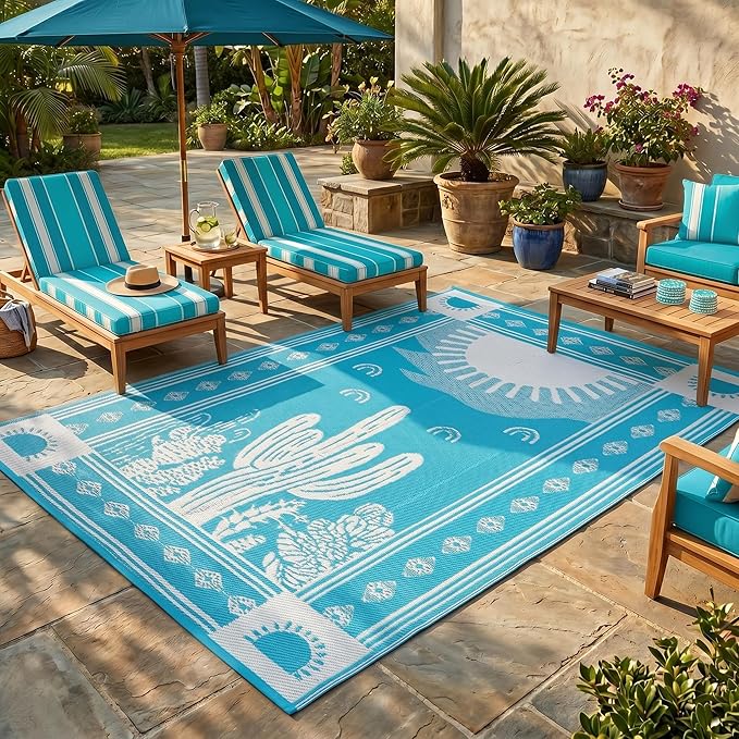 Garvee Reversible Teal Blue Outdoor Rug 8x10 for Patio, Waterproof Outdoor Area Rug, Modern Desert Botanical Indoor Outdoor Rugs, Plastic Straw Rug for RV, Camping, Deck, Cactus