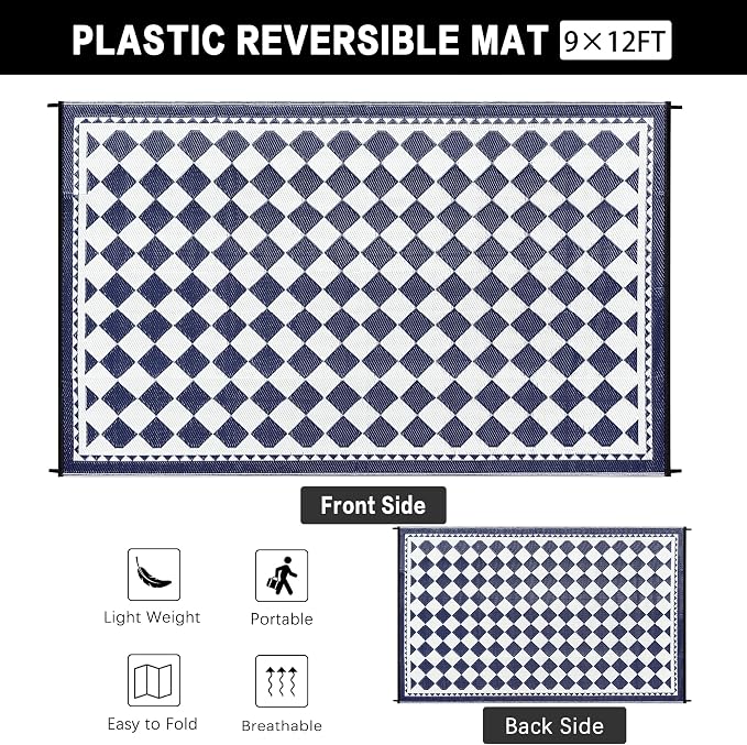 HUGEAR Outdoor Waterproof Rug 9'x12' Plastic Straw Rugs Washable Reversible Floor Mat Blue Plaid Carpet for Camping RV Deck Entryance Porch Picnic Balcony Beach Backyard