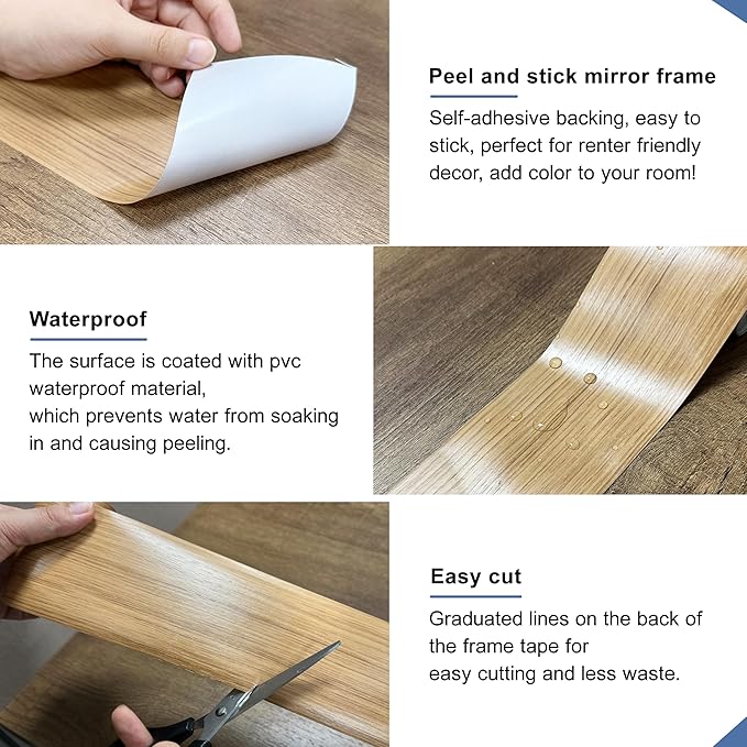 TIANLDD 27 FT Wood Grain Wallpaper Border, Removable Waterproof Mirror Border