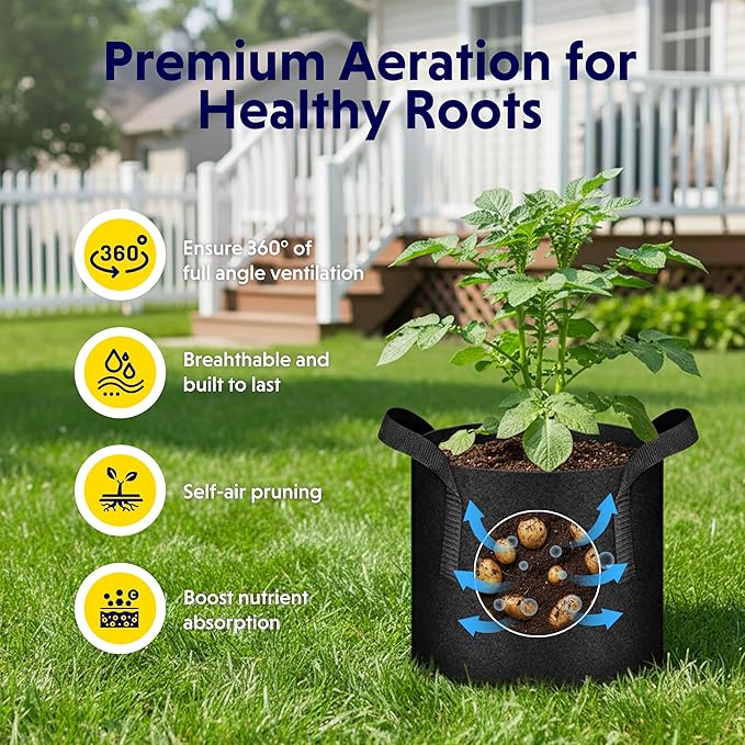 iPower 5-Pack 10 Gallon Plant Grow Bags Thickened Nonwoven Aeration Fabric Pots Heavy Duty Durable Container, Strap Handles for Garden, Black New