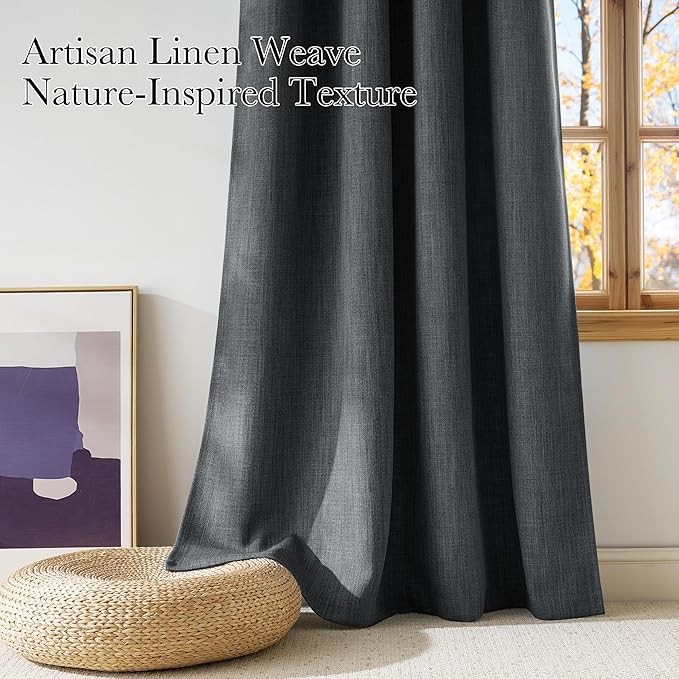 NICETOWN Short Faux Linen Charcoal Gray Blackout Curtains 63 inches Long