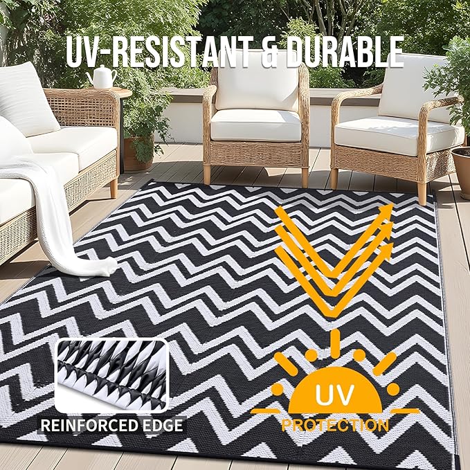 OLANLY Waterproof Outdoor Rug 6x9 ft Clearance, Reversible Outdoor Plastic Straw Rug, RV Mat, Indoor Outdoor Carpet for Patio, Camping, Balcony, Deck, Backyard, Black & White