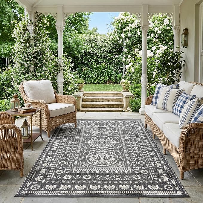 Garvee Reversible Outdoor Rug 5x8 for Patio, Waterproof Outdoor Area Rug, Boho Medallion Indoor Outdoor Carpet for Porch, Plastic Straw Rug for RV, Camping, Deck, Vintage Grey
