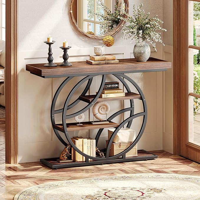 Huuger 41.3 Inch Entryway Table, Modern Console Sofa Table, Accent Table with Shelves, for Entry, Hallway, Entrance, Foyer, O-Shaped Metal Frame, Dark Walnut
