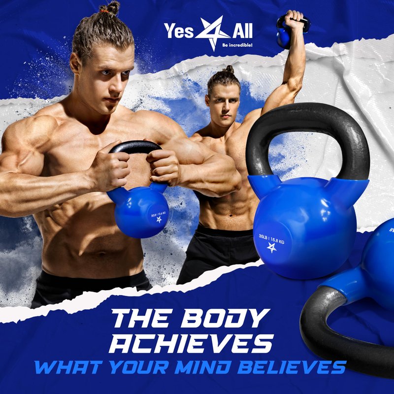 Yes4All 35 lb Kettlebell Weight Vinyl Coated Cast Iron for Dumbbell Weights Exercises, Gym, Fitness, Full Body Workout Equipment Push up, Grip and Strength Training, Blue