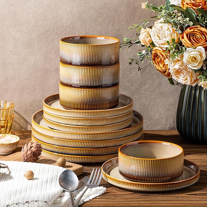 TheTerra Ceramic Dinnerware Sets for 4, 12 Pieces Porcelain Lightweight Plates and Bowls Sets, Scratch Resistant Dish Set, Oven & Microwave & Dishwasher Safe, Creamy Amber