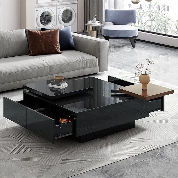 WILLIAMSPACE 31.5" Movable Top Coffee Table with 4 Hidden Storage Drawers & High Gloss Finish, Modern Square Wood Center Table Accent Side End Tea Table for Living Room, Black
