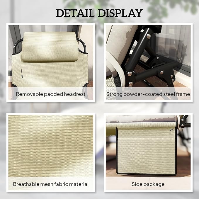 Outsunny Folding Chaise Lounge with 4-Level Reclining Back, Outdoor Tanning Chair with Cushion, Outdoor Lounge Chair with Breathable Mesh Fabric, Side Pocket, Headrest, Beige