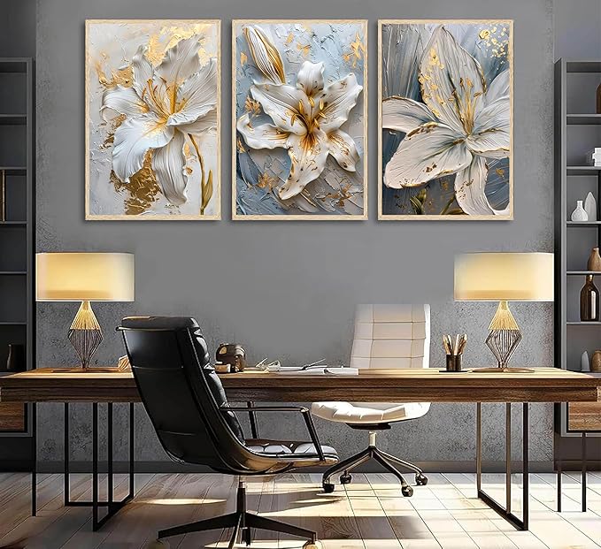 3Pcs Abstract Golden White Flower Wall Art Boho Gold Foil Blossom Canvas Oil Painting 2D Plane Textured Floral Wall Decor Nordic lily Posters Prints for Living Room Bedroom Office Pictures Unframed