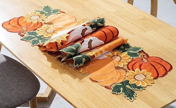 Thanksgiving Table Runner Embroidery Cutout Pumpkin Fall Table Runners Kitchen Decor Party Table Decorations 16x72 inch