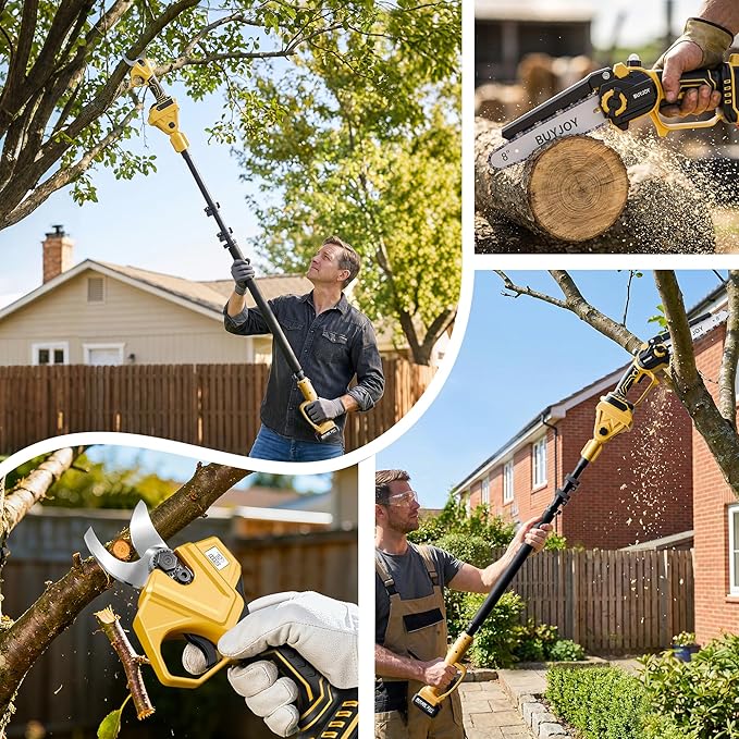BUYJOY 4-in-1 Electric Pruning Shears & 8 Inch Pole Saw Combo, 1.8" Cutting Diameter Cordless Pruner, 2×4.0Ah Batteries, Adjustable Branch Cutter for Tree Trimming and Garden Pruning